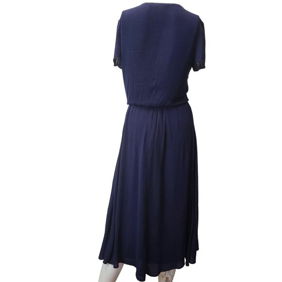 Wayf Navy Blue Blouson Midi Dress Rayon & Polyester Lined V-Neck Short Sleeves M - Picture 2 of 16